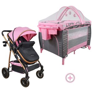 Combo Coche Welly Rosa +Cuna Mecedora Miami Rosa